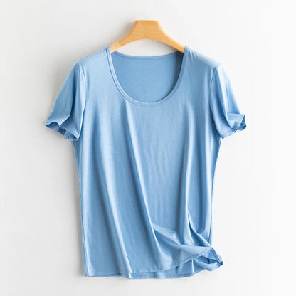 Women's V-Neck T-Shirt – Silk-Linen-Cotton Solid Summer Tee