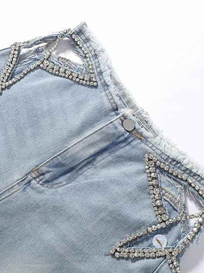 Women Low Waist Jeans Star Rhinestone Pants Cut Out Wide Leg Trousers Light Wash Distressed Denim Pants Street Woman Clothes