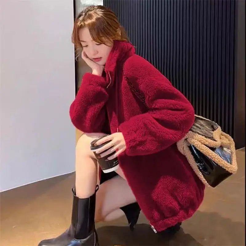 Women Winter Coat - Warm Double Coral Fleece Zipper Closure Jacket With Stand Collar