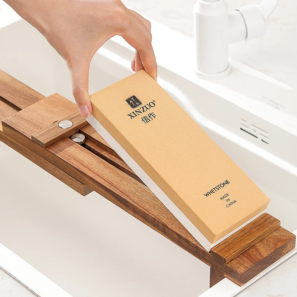Knife Sharpening Block - Adjustable Acacia Wood Whetstone Holder for Kitchen Knives