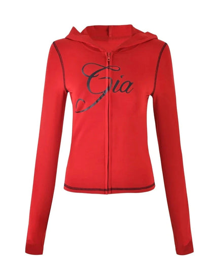 Gia neon pink regular shoulder slim-fit letter print topstitching design slim-fit hooded zip-up short jacket and pants set