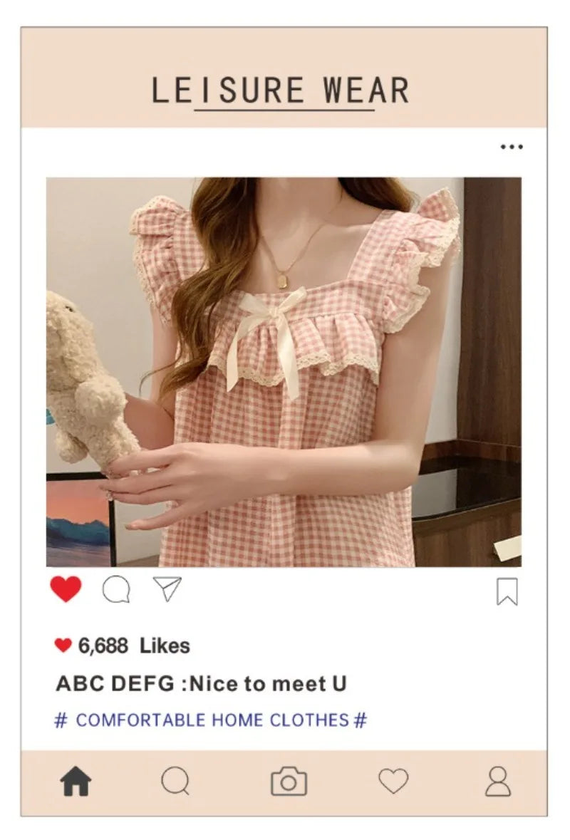 Women Korean Sweet Plaid Bow Design Nightgown with Straps Sleep Dress Cute Summer New Loungewear Y2K Nightgown with Built-in Bra