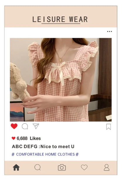 Women Korean Sweet Plaid Bow Design Nightgown with Straps Sleep Dress Cute Summer New Loungewear Y2K Nightgown with Built-in Bra
