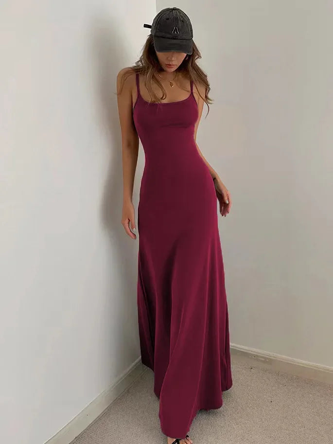 Summer Backless Dress - Slim Waisted Spaghetti Strap Mid-Calf Length Casual Outfit