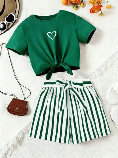 Women's casual daily short sleeved love printed+striped printed shorts 2-piece set with random belt striped children's clothing