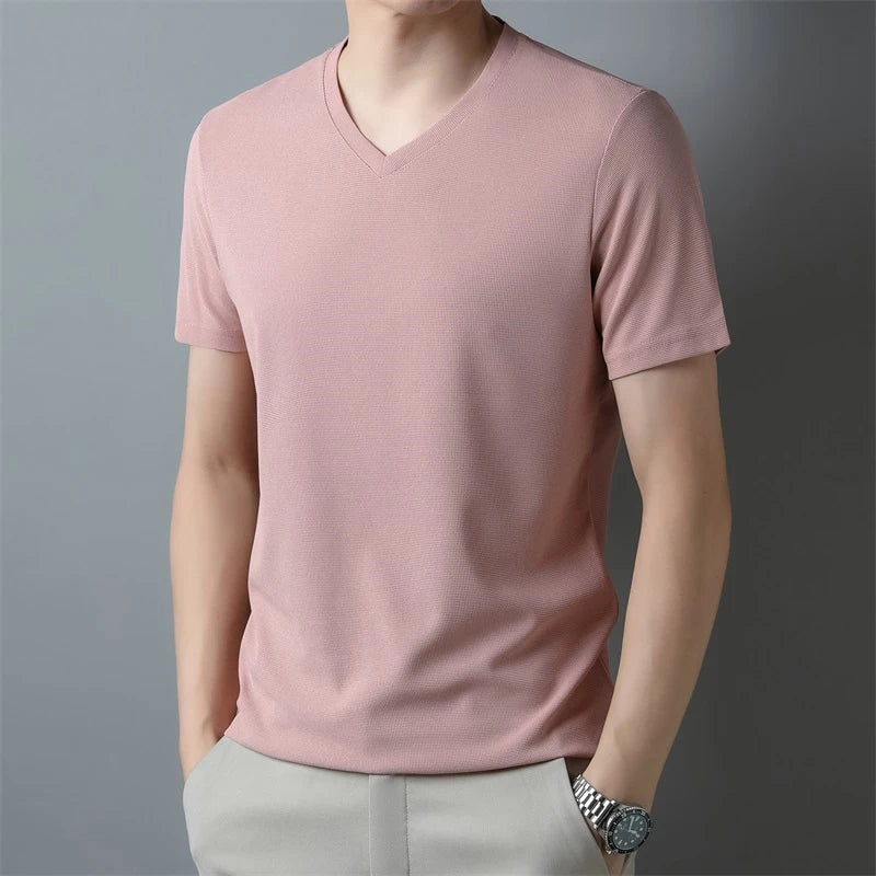 Men's V Neck T-Shirt – Lightweight Summer Shirt With Breathable Waffle Texture
