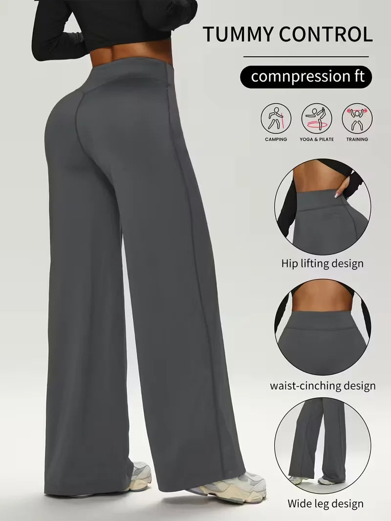 Ladies High-Waist Butt-Lifting Wide Leg Yoga Pants Soft Elastic Straight Fitness Trousers Skin-Friendly High Elasticity