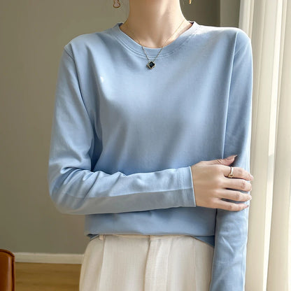 100 Cotton Womens Long-Sleeved Round Neck T-Shirt - Loose Bottoming Top for Spring  Autumn