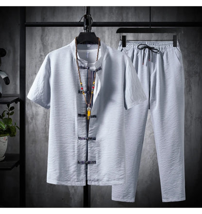 Shirts + Pants summer 100% Cotton linen shorts sleeve Men's Casual Sets Male Fashion trousers and shirts men full size M-5XL