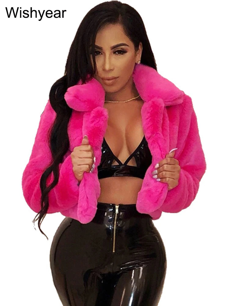 Faux Fur Crop Jacket - Women's Winter Jacket With Open Stitch Lapel & Turn-Down Collar