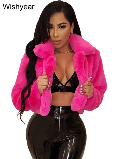 Faux Fur Crop Jacket - Women's Winter Jacket With Open Stitch Lapel & Turn-Down Collar