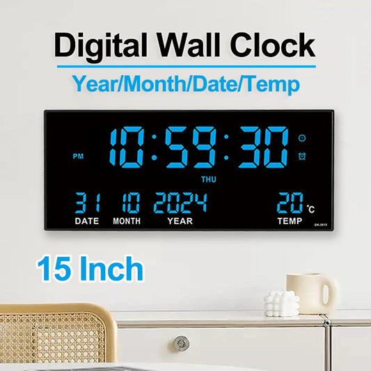 Large Digital Wall Clock with Alarm Temperature  Date Display - 14 LED Plug-In Clock