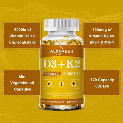 Alxfresh Vitamin D3+K2 Capsules for Immune, Joints, Muscles and Bones Support with Variety of Vitamins and Minerals Supplement