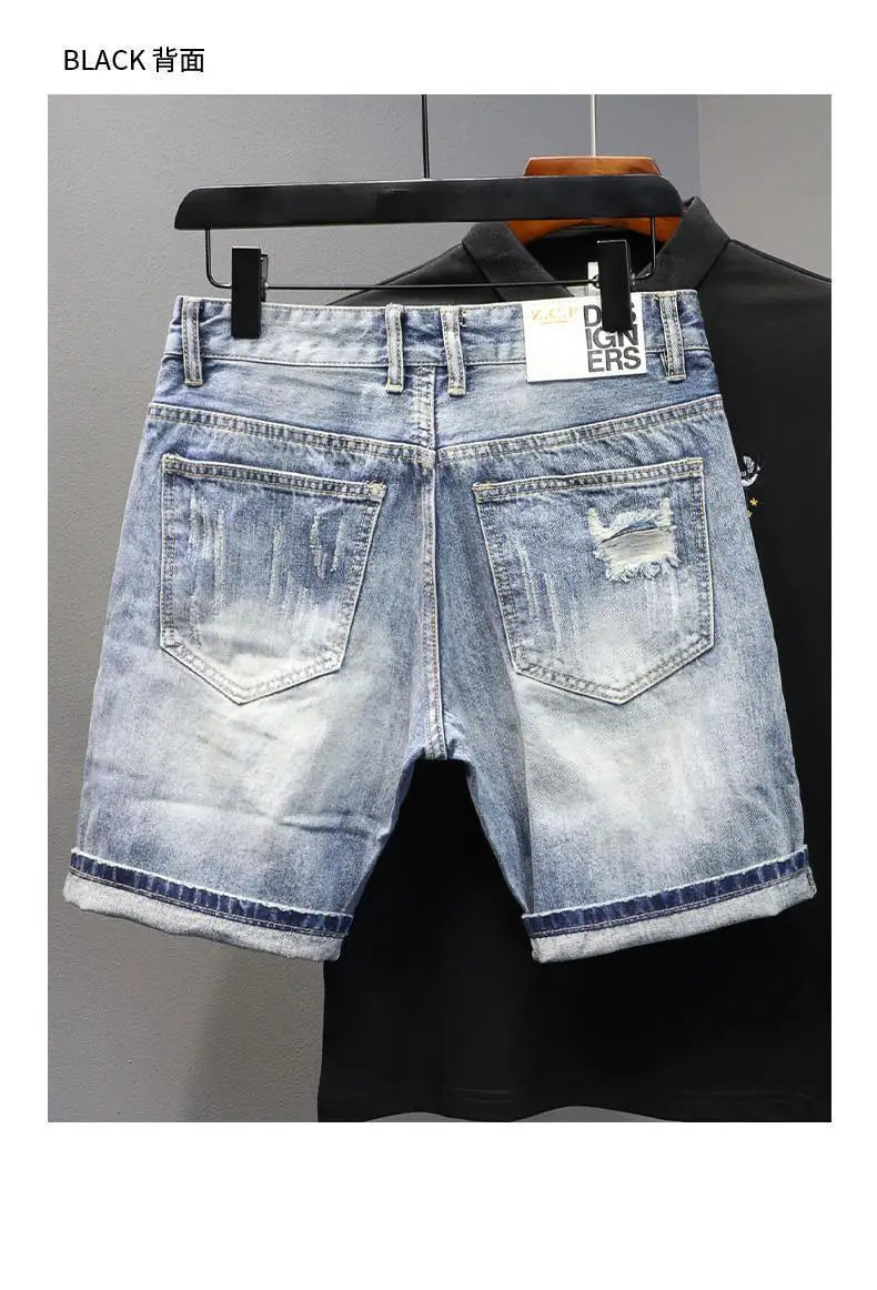 Men's Denim Shorts – Slim Fit Casual Knee Length Pants With Ripped Patch Detail
