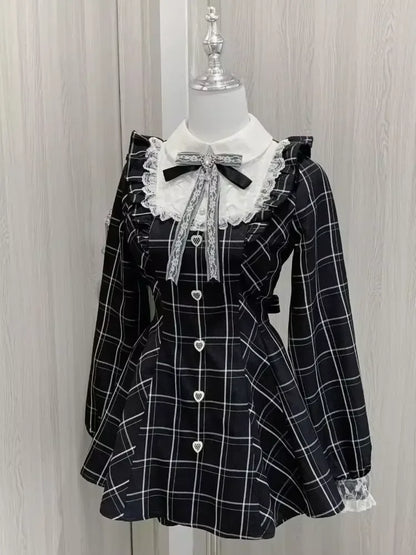 Japanese Y2 Aesthetics Vintage Bow Dress Shorts Set Women Gothic Lolita Style Long Sleeve Shirt Dress Elegant Party Dress Suits