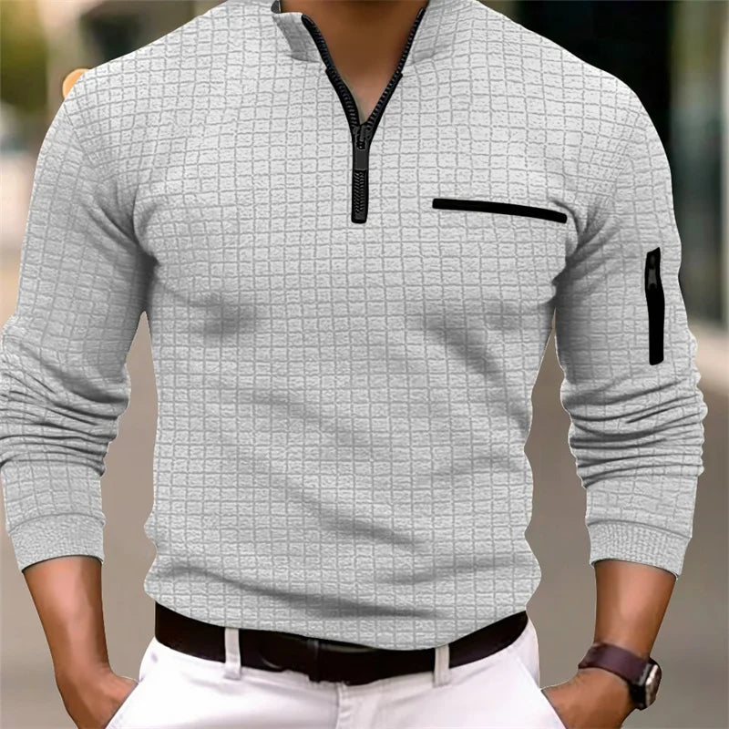 2025 Spring and Autumn New Men's Plaid Turtleneck Zipper Long Sleeve Polo Shirt Sports Breathable Business Casual Polo Shirt