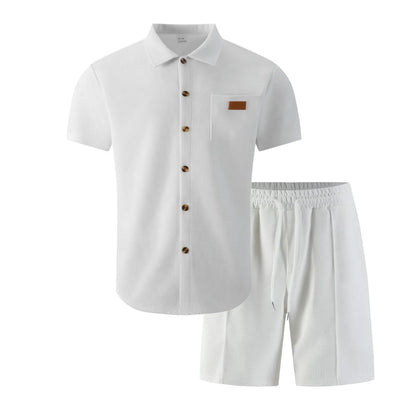Summer New Men Waffle Knit Polo Solid Color Lapel Short Sleeve Cardigan Shirt Pocket Shorts Set Casual 2 Piece Outfit For Male