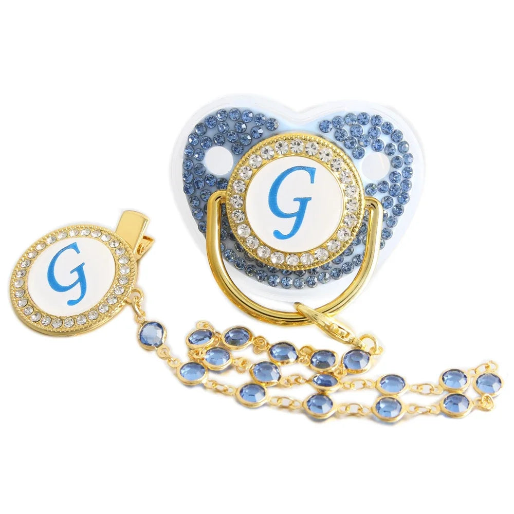Blue Baby Pacifier - Orthodontic Nipple Silicone Teether Toy with Rhinestone Chain Clip