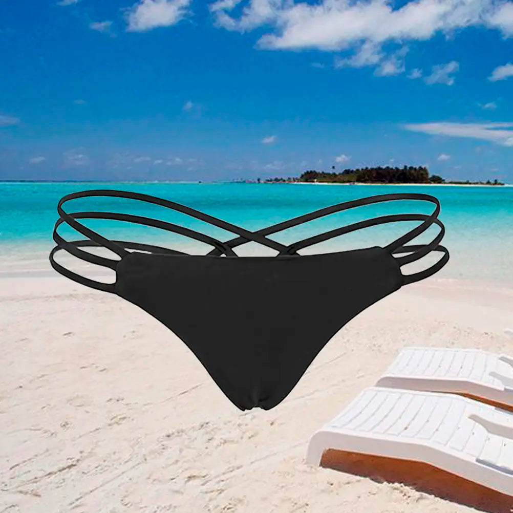 Strappy Bikini Thong Swim Bottoms Black Size L Swimwear Panties Comfortable Stretchy Briefs for Pool Party