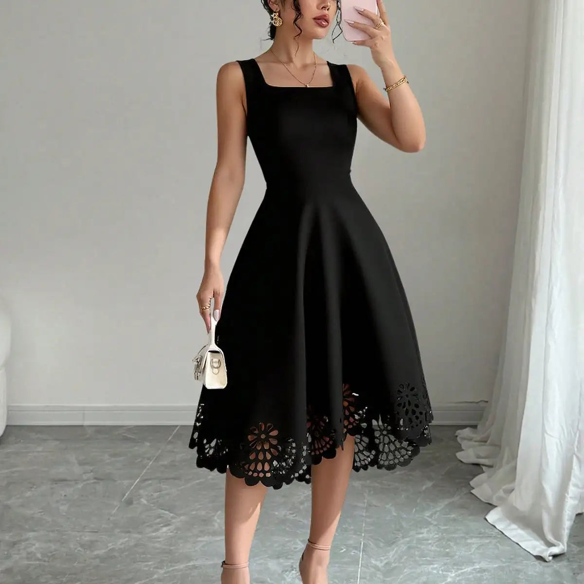Minimalist Black Fit-and-Flare Dress Square Neck Sleeveless Laser Cut Lace Hem Casual Wedding Guest Dress
