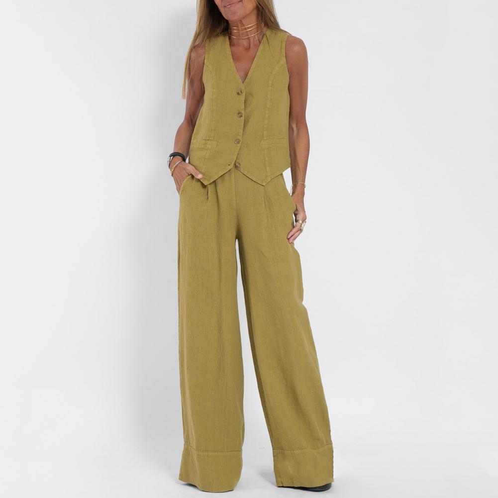 Autumn White Linen Two Piece Set For Women 2023 Fashion Sleeveless Tank Top New In Matching High Waist Wide Pants Set