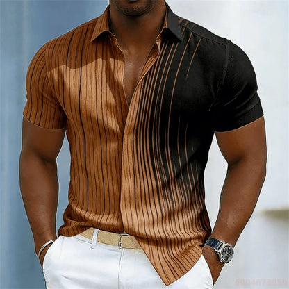 Men's color-blocked abstract striped short-sleeved shirt, summer fashion casual men's shirt, Hawaiian shirt, sizes XS-6XL.