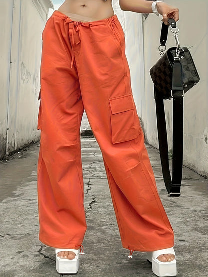 Women's Orange Cargo Wide Leg Pants Casual Loose High Waisted Drawstring Trousers with Pockets for Streetwear Summer Daily Wear