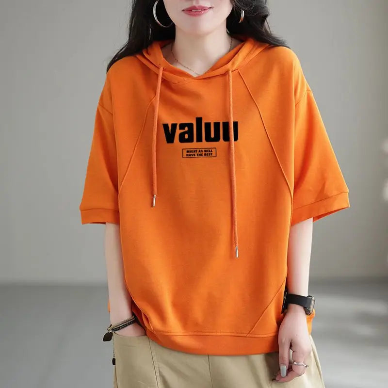2024 New Summer Art Fashion Casual Loose Sports Oversized Versatile Letter Printed Short Sleeve Hooded Sweater for Women