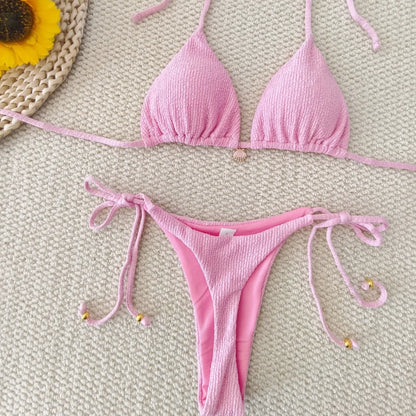 Solid Color Bikini - Women's Swimwear Set | Sexy Strap Split Shell Suit