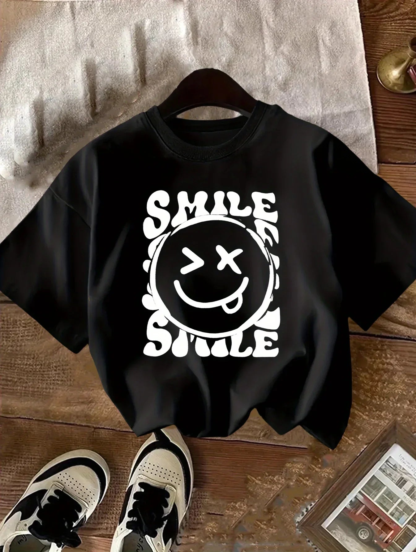 New 2026 Summer 100% Cotton Girls Round Neck T-Shirt, Cute Letter Smiley Print Breathable Casual Short Sleeve Tops