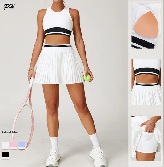 2Pcs Set Tennis Yoga Sportswear Women Glolf Badminton Running Fitness Set Nude Workout Tracksuit Quick Dry Sport Skirts Bra Suit