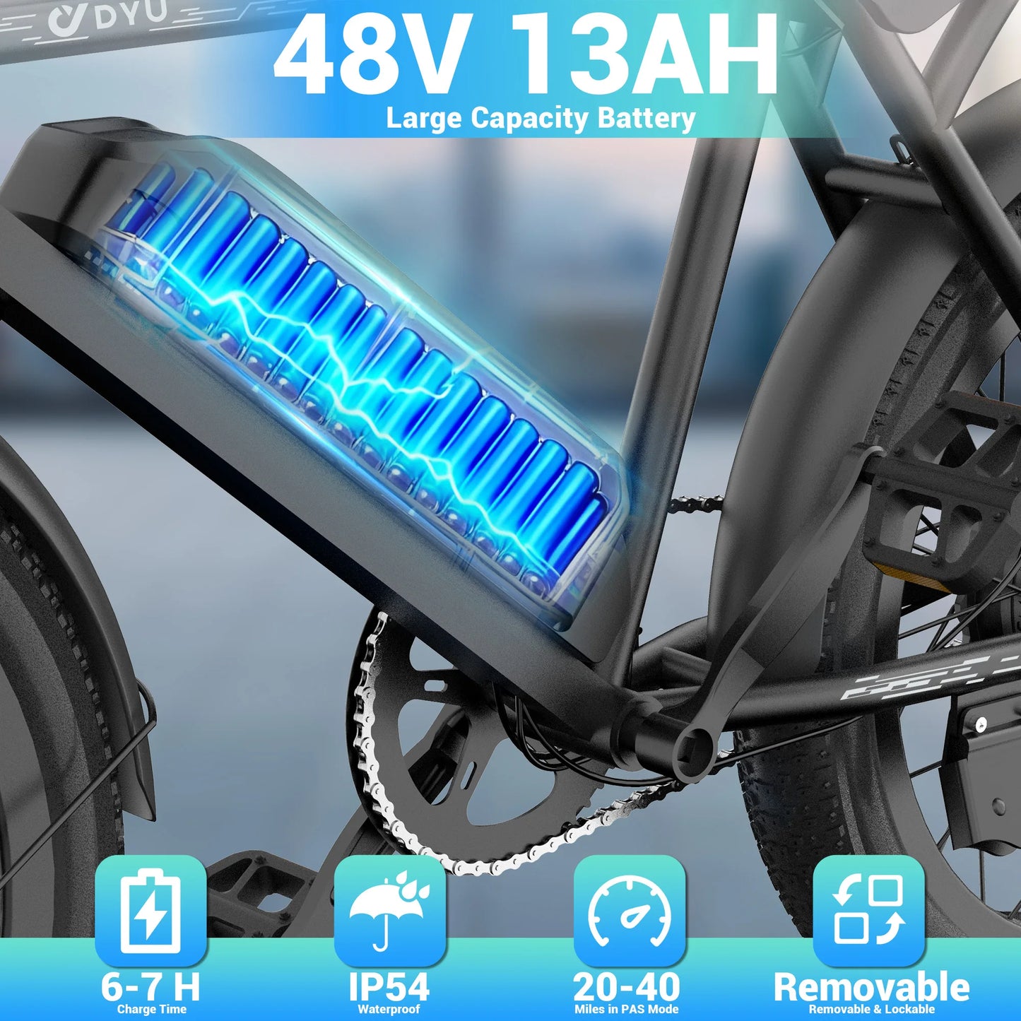 DYU BMX Electric Bike 20*3.0 Fat Tire E-Bike 48V 13Ah Removable Battery 1000W Peak Motor City Electric Bicycle for Adults
