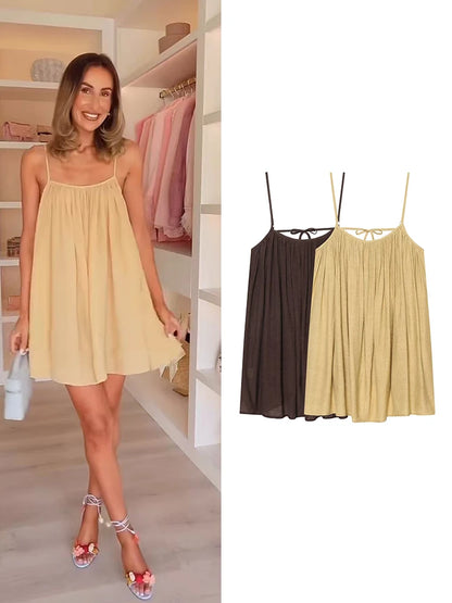 TFMLN Women Round Neck Pleated Sling Dresses Summer New Sleeveless Loose Fit Backless Solid Dress Fashion Holiday Casual Clothes