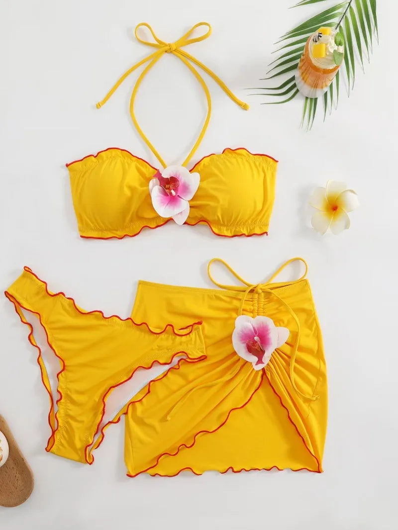 3 Piece Bikini Set - Halter Neck Floral Swimwear With Skirt & Wire Free Support