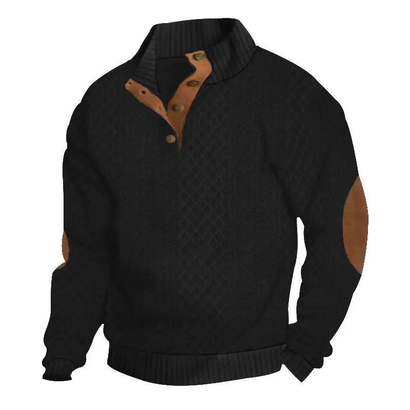 Men's Waffle Knit Quarter Zip Pullover with Contrast Trim and Elbow Patches Casual Long Sleeve Sweater