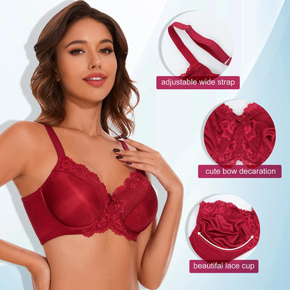 Sheroine Underwire Women Bras Lace Floral Minimizer Full Coverage Non Padded Unlined Everyday Comfort Support T-Shirt Bra