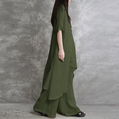 Women's Cotton Linen 2-piece Sets Large Size Casual Wear Sportswear Suit Short-Sleeved O-Neck Top Wide Leg Pants Suits For Women
