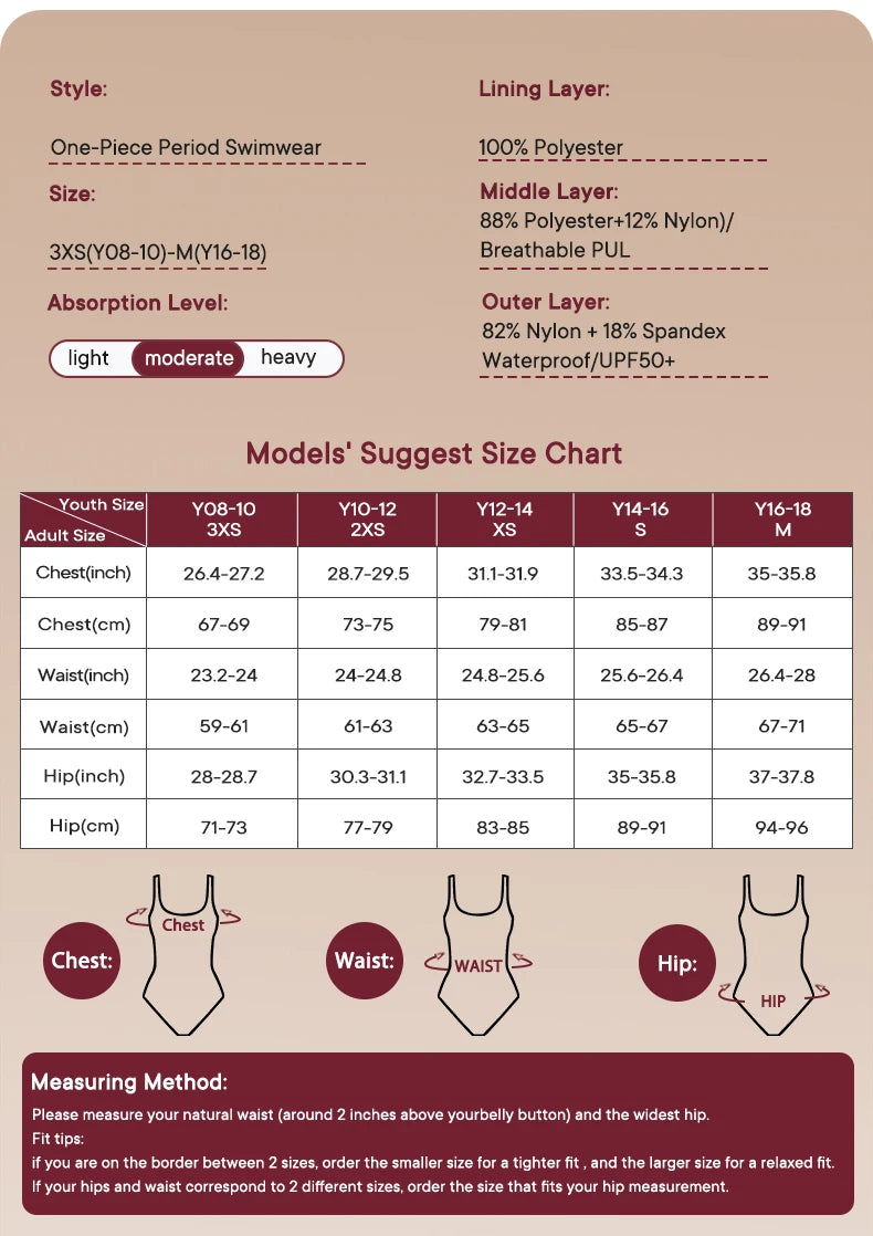 One Piece Period Swimwear Teenage Menstrual Swimsuits Menstruation Swimwear for Pool Girl Waterproof Women Period Bathing Suit