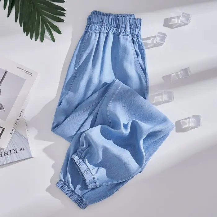 Plus Size Ice Silk Denim Pants Yoga Sports Thin Loose Style Women's Summer Casual Wide Leg Pants Harajuku Style Loose Waist