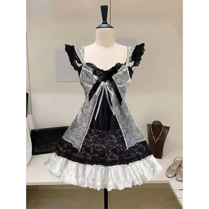 Gothic Retro Sweet Bud Mini Dress Women Harajuku Y2k Strap Dress Y2K Aesthetic Club Party Fashion Outfits