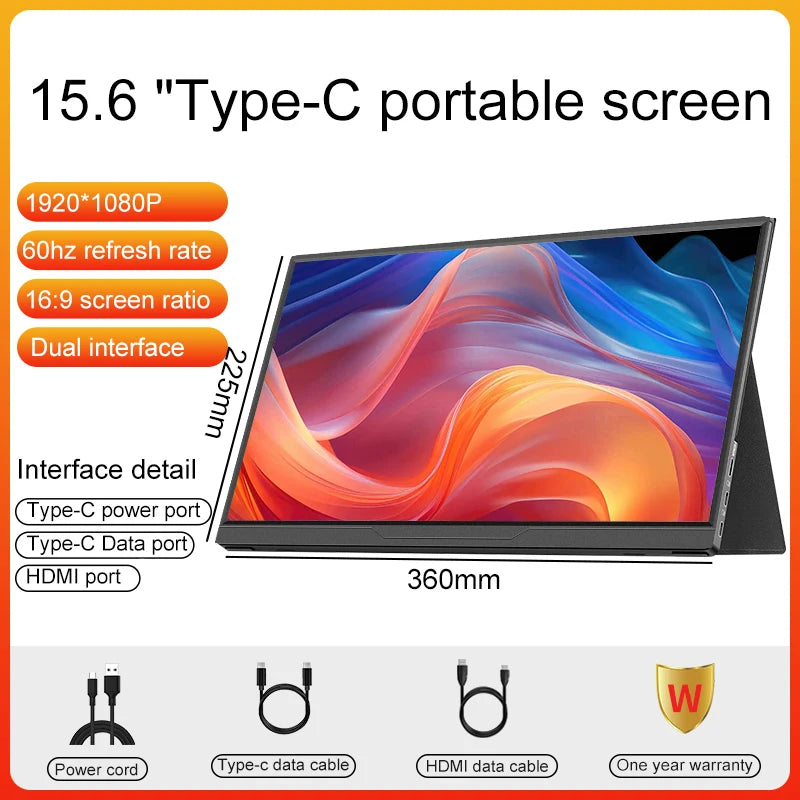 Portable Gaming Monitor 15.6 Inch FHD 1080P IPS Panel - 120Hz Refresh Rate, HDMI USB-C Second Screen