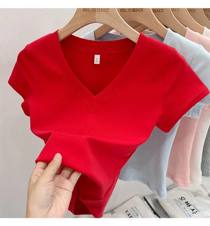 Summer Sexy V-neck Slim T Shirt Women Cotton Basic Solid Crop Tops Female Casual Tops Short Sleeve T-shirts 2026