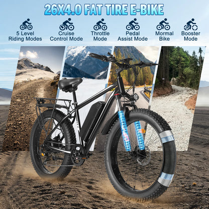 Black Electric Bicycle 1500W Powerful Motor 48V 15AH Lithium Battery Motorcycle Electric Bike 26*4 in Fat Tire Snow E-bike