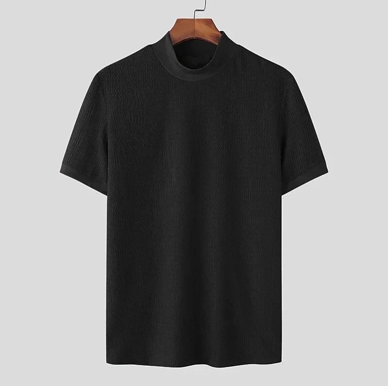 Men's High Neck T-Shirt – Casual Summer Knitted Base Tee | Breathable Polyester Top