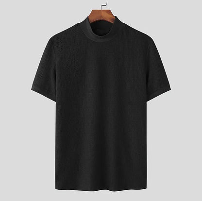 Men's High Neck T-Shirt – Casual Summer Knitted Base Tee | Breathable Polyester Top