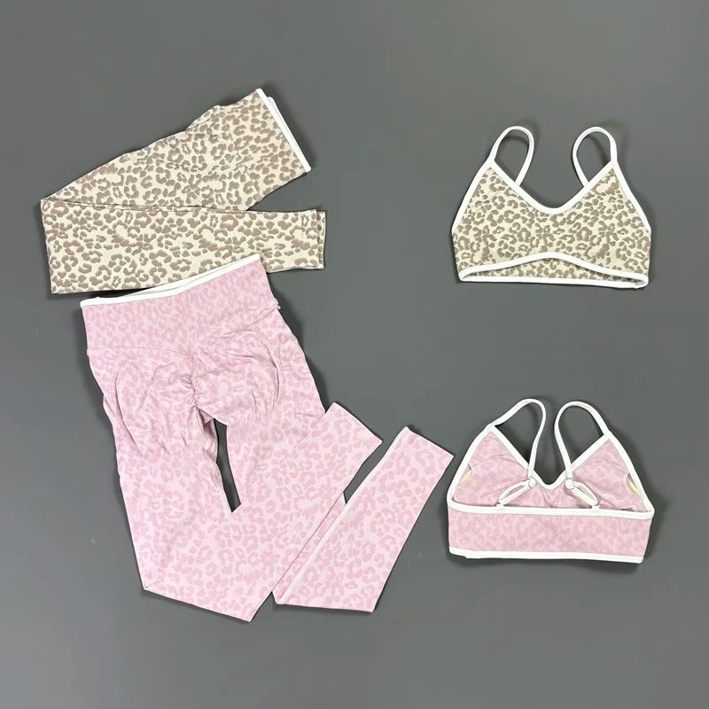 2 Pcs Fitness Sets Women Leopard Print Contrast Edge Removable Pad Bra Breathable Squat Proof Pants Suit Sports Workout Set