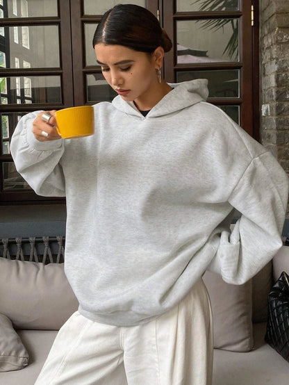 Women's Solid-Color Hooded Casual Sweatshirt with Warm Lining and Relaxed Fit