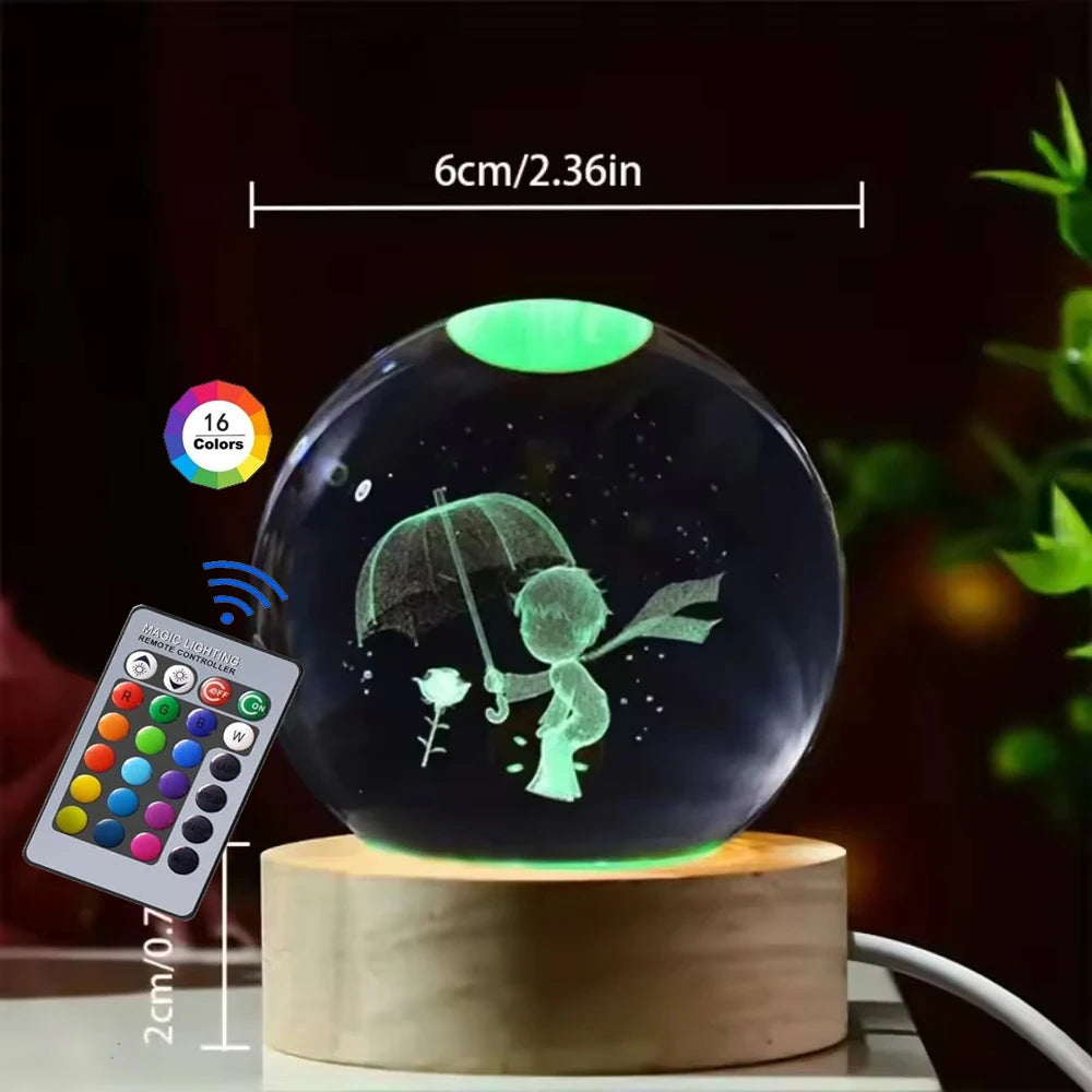 3D Crystal Ball Night Light – USB Powered Lamp With Remote Control & Wooden Base