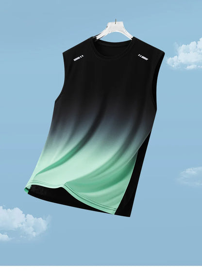 Men's Gradient Sports Vest Lightweight Sleeveless round Neck T-Shirt Summer Running Trendy Loose Fit Youth Cross-Border