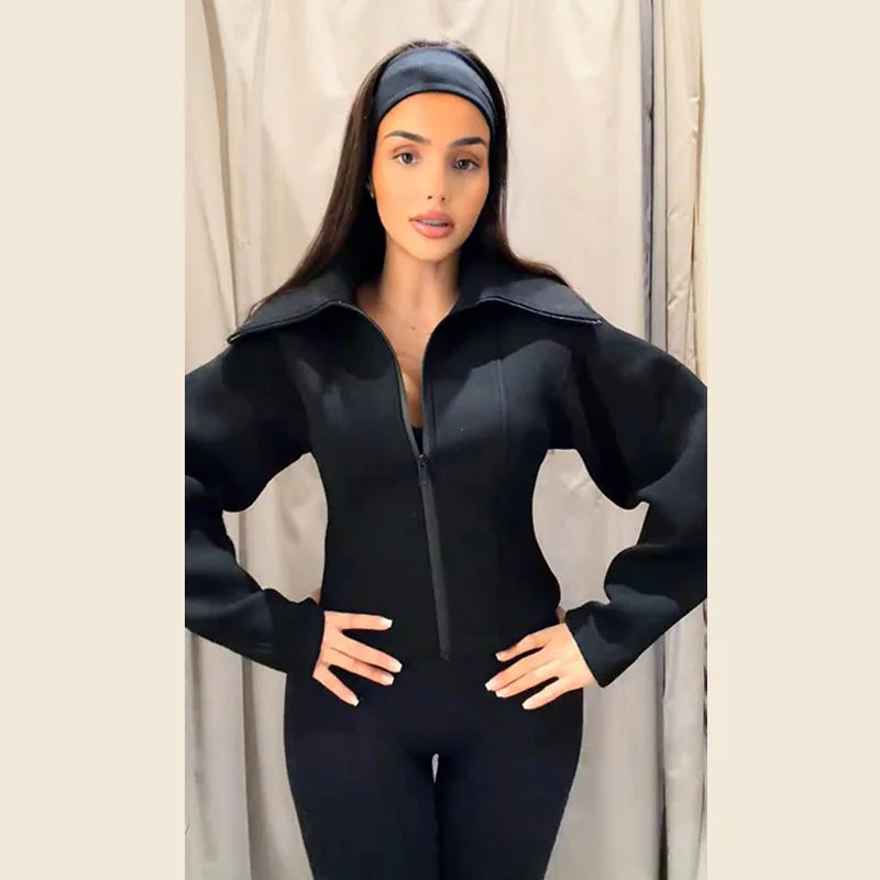 Women Black Jacket - Casual Long Sleeve Zipper Coat | Loose Fit Spring Outerwear